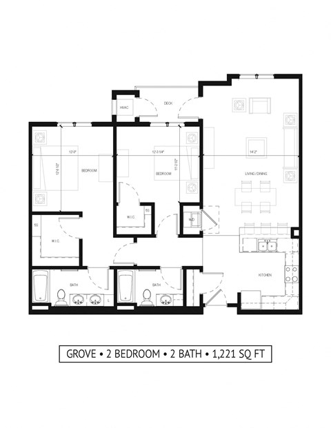 Floor plan for 2 beds, 2 baths, 1221 sqft